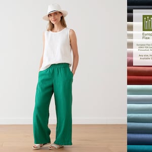 Loose fit linen pants Ruth with elastic waistband. Washed women linen trousers. Wide-legged linen pants available in 50 colors