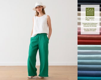 Loose fit linen pants Ruth with elastic waistband. Washed women linen trousers. Wide-legged linen pants available in 50 colors