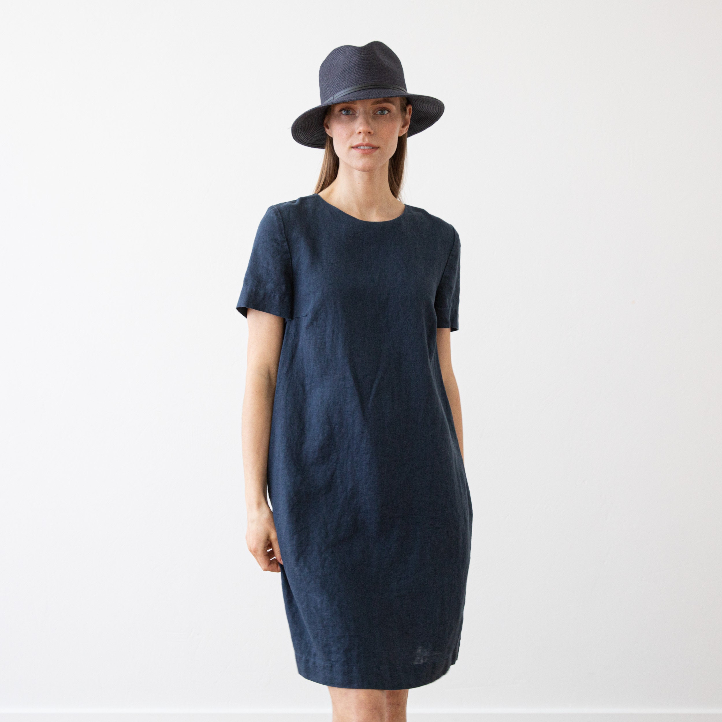 Linen Dress Indigo Isabella straight Silhouette With Hidden | Etsy