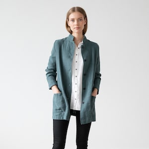 Heavy Linen Jacket in Balsam Green. Washed linen jacket for woman with pockets and buttons. European flax certified linen coat for women image 2