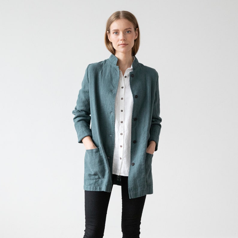 Heavy Linen Jacket in Balsam Green. Washed linen jacket for woman with pockets and buttons. European flax certified linen coat for women image 2