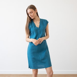 Linen Dress Sea Blue. Washed linen clothing. Sleeveless summer linen dress. Linen tunic dress. image 7