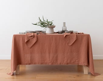 Stone Washed Linen tablecloth in Mocha Mousse. Any size and width up to 100" width, any length, no seams. Round, square, rectangular.