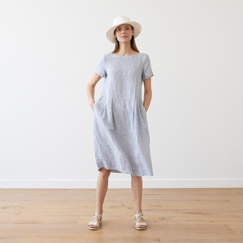 Loose Dress with Short Sleeves and Pockets in Striped Linen. Washed and soft linen dress. Summer Linen Dress. Available in 8 Colors. image 4