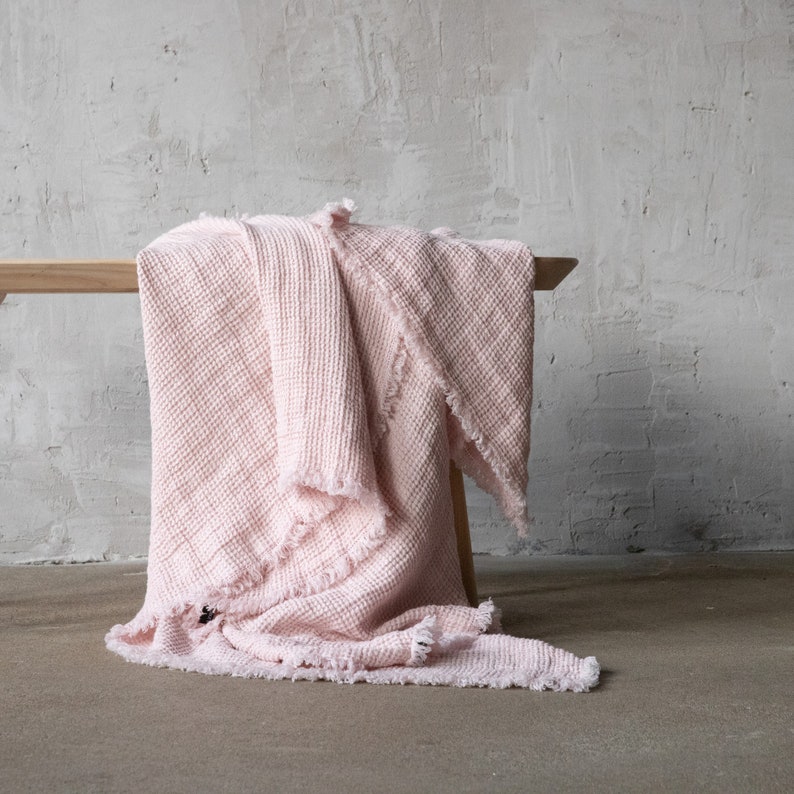 Waffle Linen Throw Blanket in Rosa, Pink With Hand Made Fringes. Twin, Queen, King linen blanket. Any Size Blanket. image 1