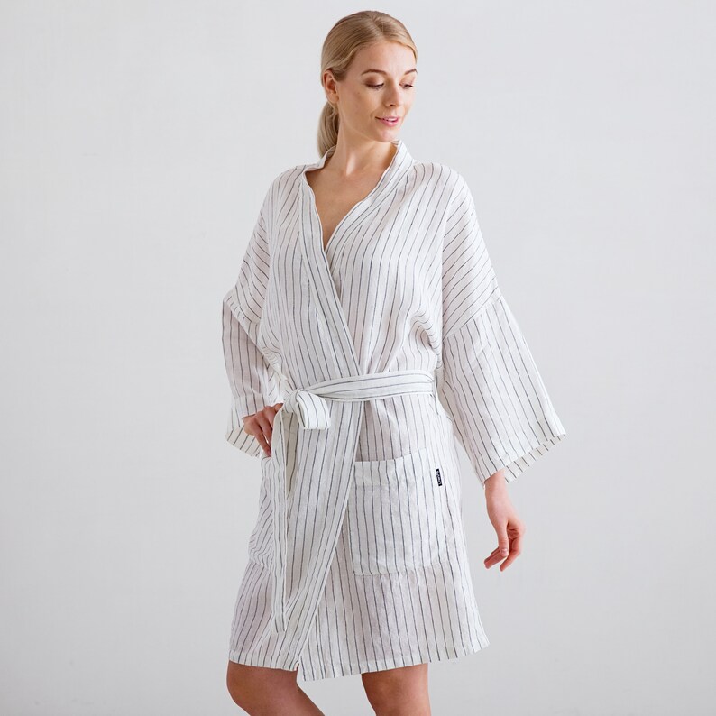 Peignoir de bain femme en lin ?� rayures blanc marine. Peignoir | Etsy