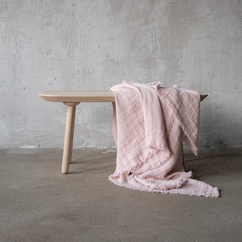 Waffle Linen Throw Blanket in Rosa, Pink With Hand Made Fringes. Twin, Queen, King linen blanket. Any Size Blanket. image 2