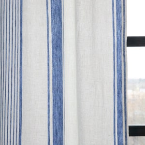Heavy Linen Rod Pocket Curtain Panel, Washed, White Blue Stripe. Pure European linen. Curtain for window or doors. Custom size available image 6
