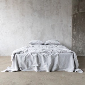 Washed Pinstripe Linen Bedding Set. Linen Cotton Duvet cover set with Pillow cases in Graphite. Grey King, Queen and Twin linen bedding