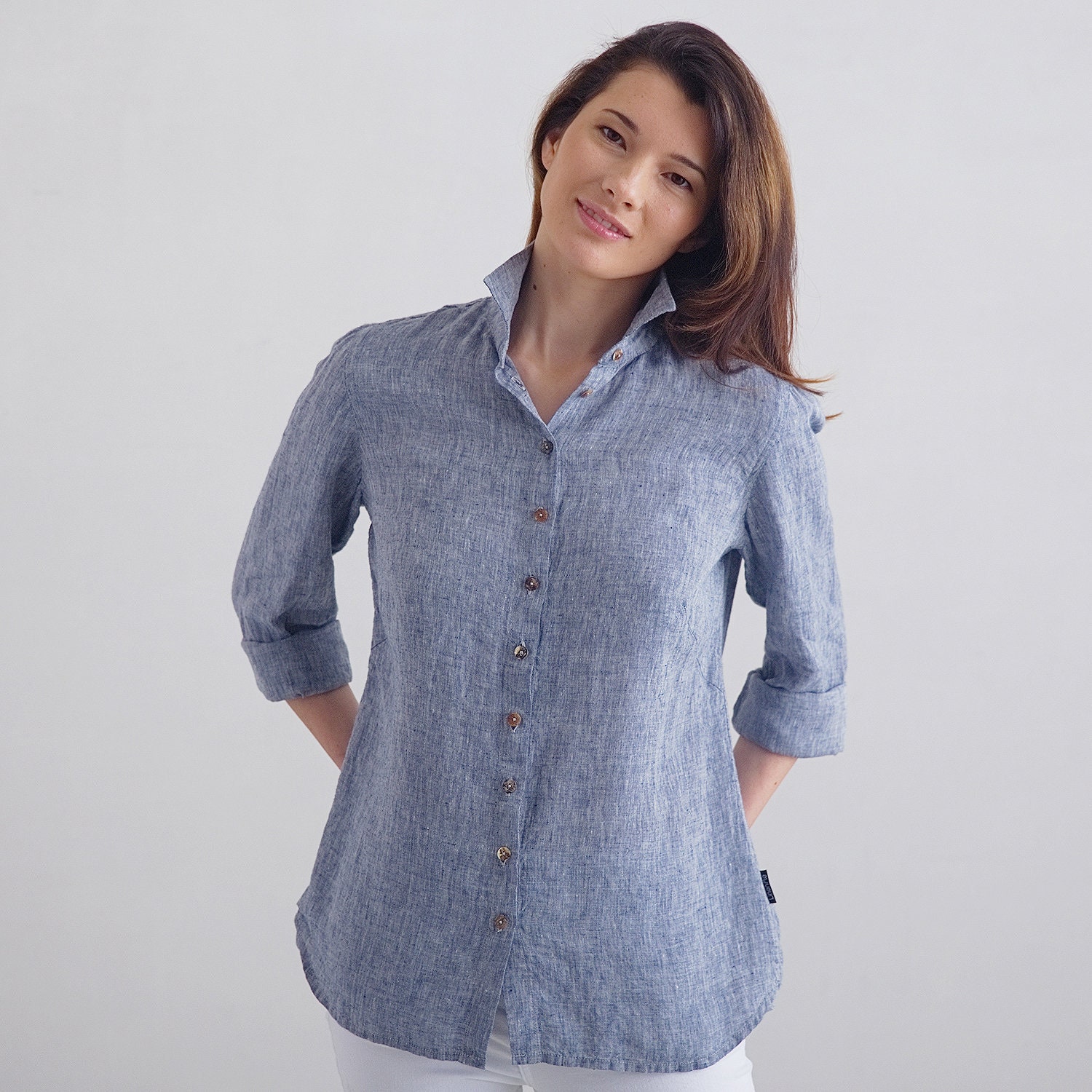 Linen Shirt Navy Melange Loose-fitting shirt with full length | Etsy