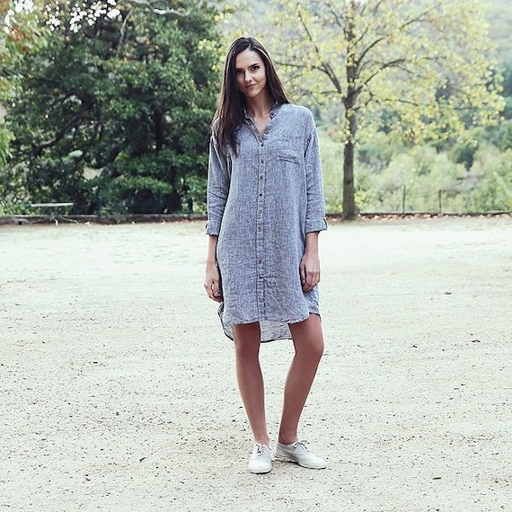 Linen Shirt Dress Navy Melange front Full-length Buttoned Opening available  in 10 Colors - Etsy