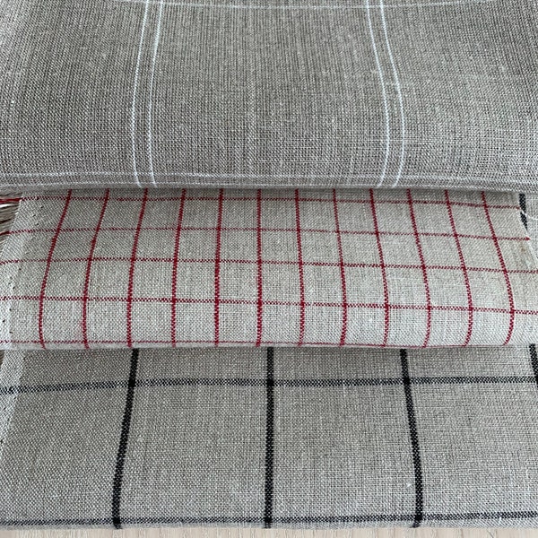 Window Pane Natural White Linen fabric by the yard or meter.  Medium Weight 195 gr/m2. Checked linen fabric natural. Gingham linen fabric