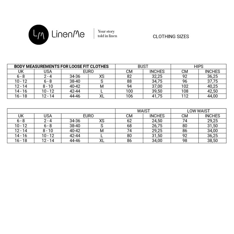May include: A chart showing body measurements for loose fit clothes in UK, USA, and Euro sizes. The chart includes bust, hips, waist, and low waist measurements in both inches and centimeters.