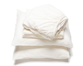 Linen Sheet Set in Off White Color. Washed linen Fitted Sheet, Flat Sheet, 2 Pillow Cases. King, Queen, Full, Twin Linen Bedding.