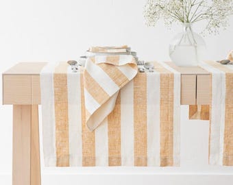 Philippe Striped Linen Table Runner in Gold/White, Heavy Washed linen, Any Length, Christmas Table Linen