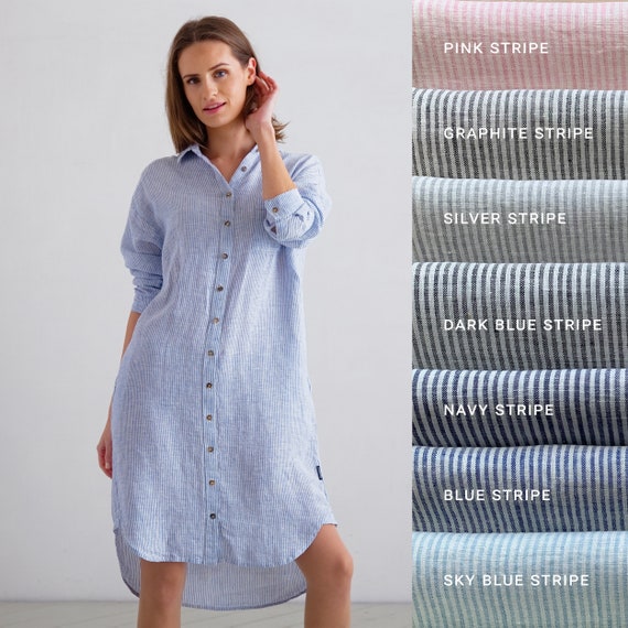 Abito camicia di lino a righe vari colori. Abito camicia a spalla scesa. Vestiti di lino lavati. Camicia di lino oversize Etsy Italia