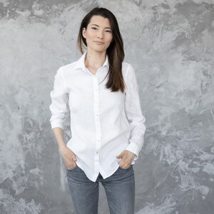 White Linen Collar Shirt for Woman. Loose-fitting shirt with full-length buttoned opening. Long sleeve shirt. image 2