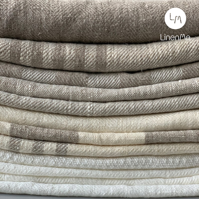 Striped, Plain, Herringbone Linen fabric by the yard or meter in Neutrals, heavy weight. Linen fabric for decor pillows, upholstery, curtain
