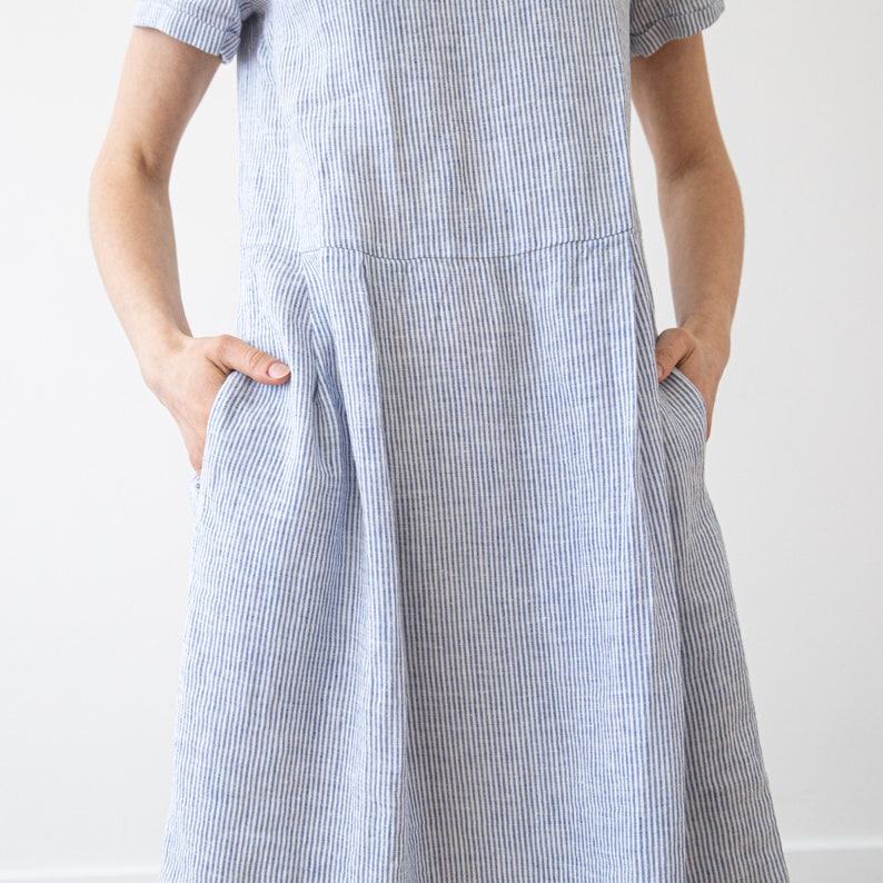 Loose Dress with Short Sleeves and Pockets in Striped Linen. Washed and soft linen dress. Summer Linen Dress. Available in 8 Colors. image 9