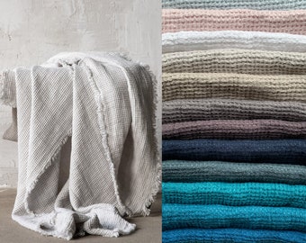 Waffle Linen Throw Blanket in Various Colours With Hand Made Fringes. Twin, Queen, King linen blanket