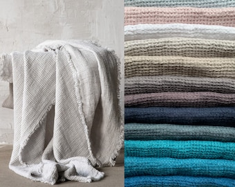 Waffle Linen Throw Blanket in Various Colours With Hand Made Fringes. Twin, Queen, King linen blanket