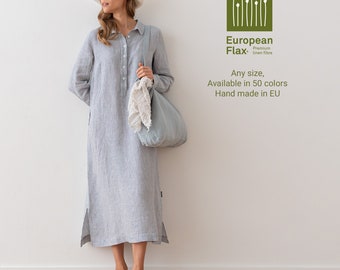 Washed Maxi Linen Dress Various Color. Summer linen dress with pockets. Meghan Linen Dress, Navy Stripe - LinenMe, Linen Clothing