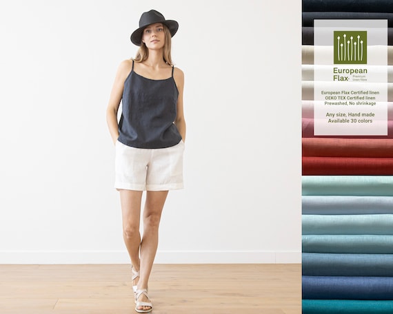 Linen Shorts Emma with elastic waistband. Washed women linen shorts. Slightly tapered linen pants available in 25 colors