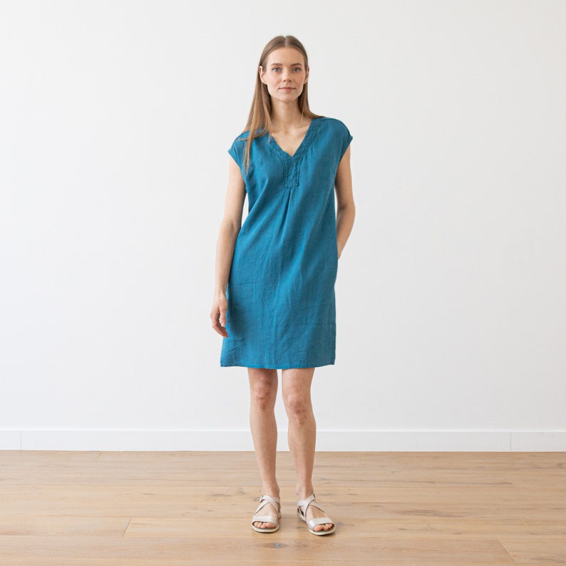 Linen Dress Sea Blue. Washed linen clothing. Sleeveless summer linen dress. Linen tunic dress. image 1