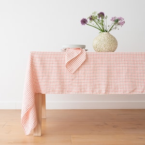 Hand made Graphic Check Washed Linen tablecloth in Red White. Square, rectangular table linens. Heavy weight, plain weave. Table linen