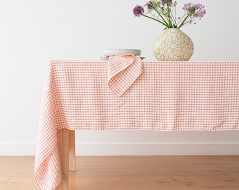 Hand made Graphic Check Washed Linen tablecloth in Red White. Square, rectangular table linens. Heavy weight, plain weave. Table linen