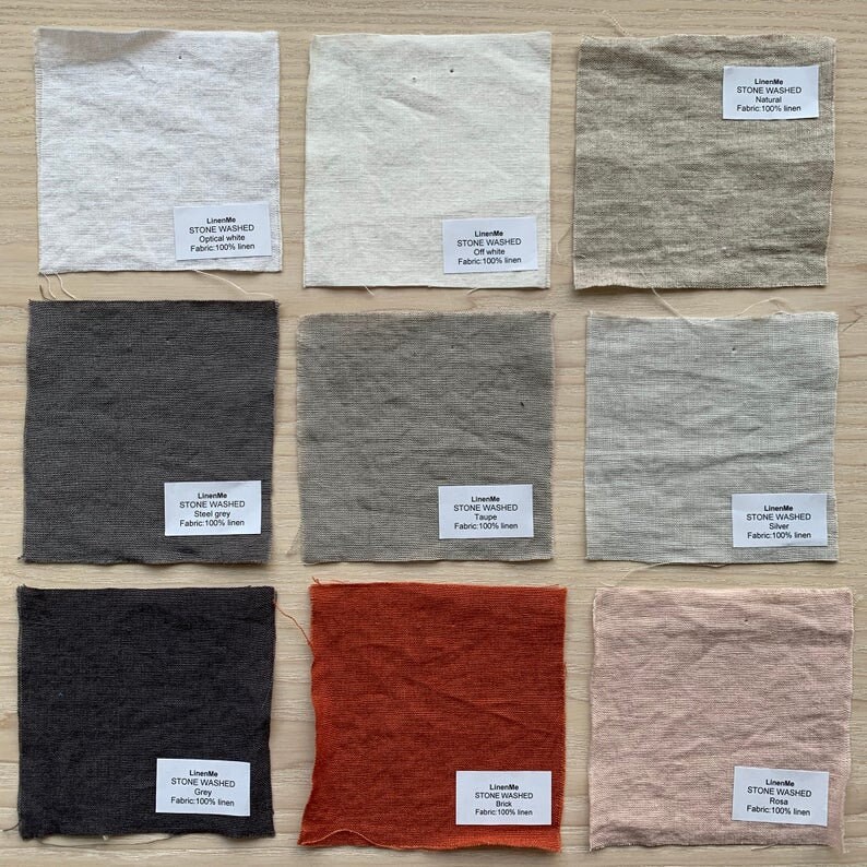 May include: Nine fabric swatches in various shades of grey, brown, and pink. Each swatch is labeled with the text "LineMe Stone Washed" and the color name. The fabric is 100% linen.