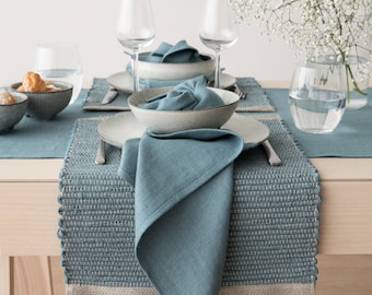 Hand Woven Linen Placemat in Stone Blue, Sustainable product, Made from Scraps of fabric with older than 100 years looms. European Flax