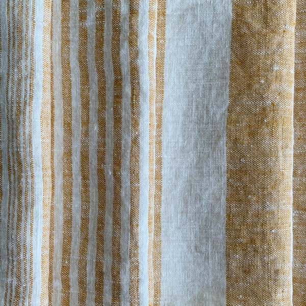 Heavy Weight Striped Linen fabric by the yard or meter in Gold. 260 gr/m2, 140cm width. Linen fabric for decor pillows, upholstery, curtain