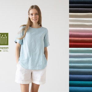 Chemisier en lin lavé à manches courtes en différentes couleurs. Vêtements en lin pour femme. Blouse ample, décor plissé au dos.