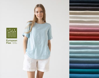 Washed Linen Blouse with Short sleeves in Various colors. Linen Clothing for woman. Loose-fitting Blouse, pleat decoration on the back.