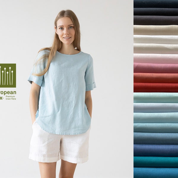 Blusa de Lino Lavado en Varios Colores con Mangas Cortas. Ropa de Lino para mujer. Blusa holgada. Decoración de pliegues en la espalda.