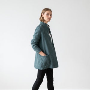 Heavy Linen Jacket in Balsam Green. Washed linen jacket for woman with pockets and buttons. European flax certified linen coat for women image 5