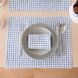 Hand made Graphic Check Washed Linen napkins in Blue White. Plain Weave, Highest quality Linen Napkin any Quantity. Large size Napkins image 3