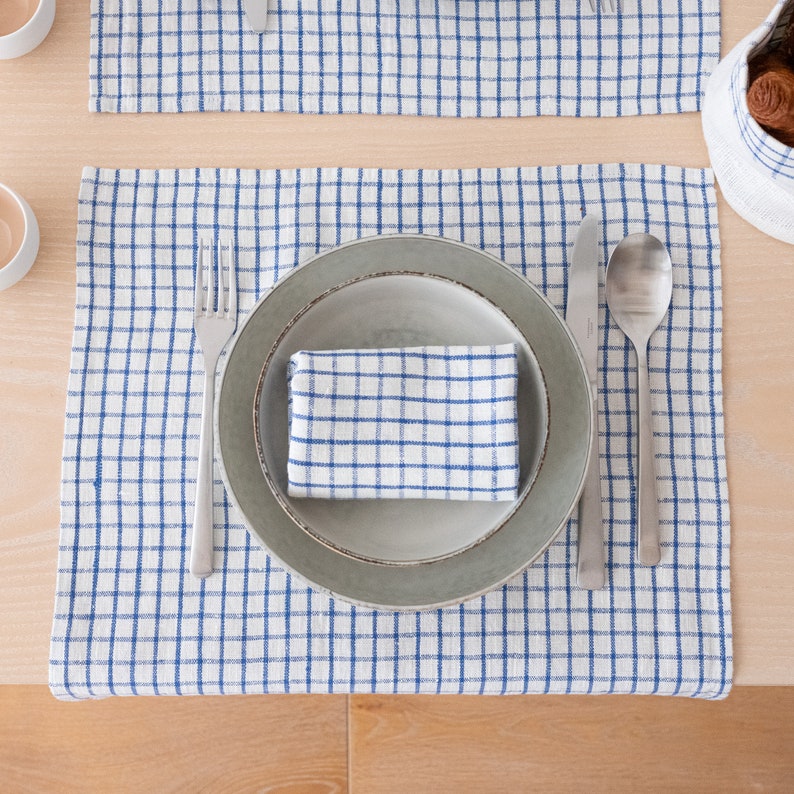Hand made Graphic Check Washed Linen napkins in Blue White. Plain Weave, Highest quality Linen Napkin any Quantity. Large size Napkins image 3