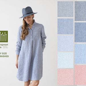 Striped Linen Shirt Dress Camilla in Various colors. Summer Linen Clothing for woman. Front buttoned linen tunic Dress with long sleeves.