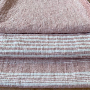 Heavy Weight Striped Linen fabric by the yard or meter in Rosa. 260 gr/m2, 140cm width. Linen fabric for decor pillows, upholstery, curtain