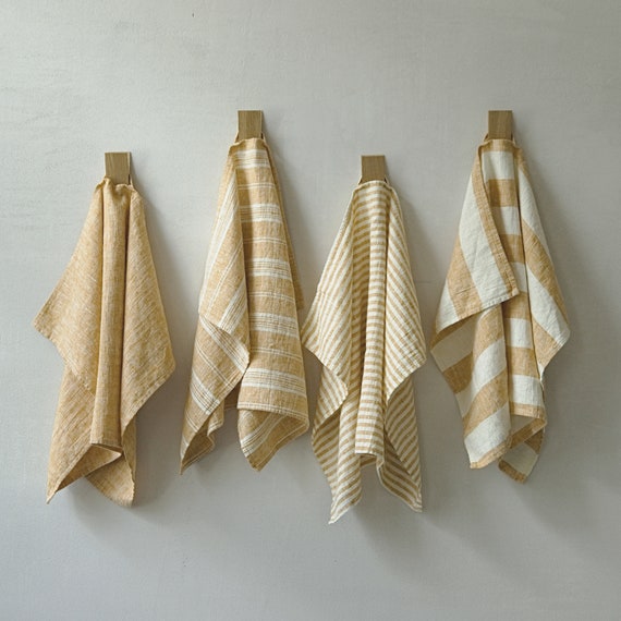 Set of 2 Linen Tea Towels in Striped Gold, Yellow / White. Washed