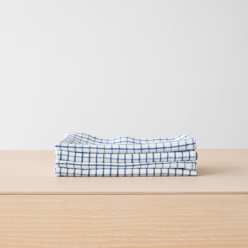 Hand made Graphic Check Washed Linen napkins in Blue White. Plain Weave, Highest quality Linen Napkin any Quantity. Large size Napkins image 1