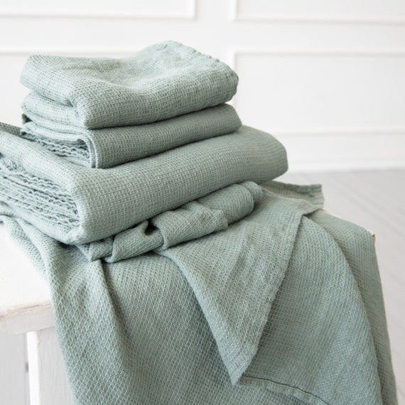 Linen Waffle Towels in Spa Green: Towel Set, Bath Towel, Hand Towel, Wash  Cloth, Face, Body Linen Towels. 