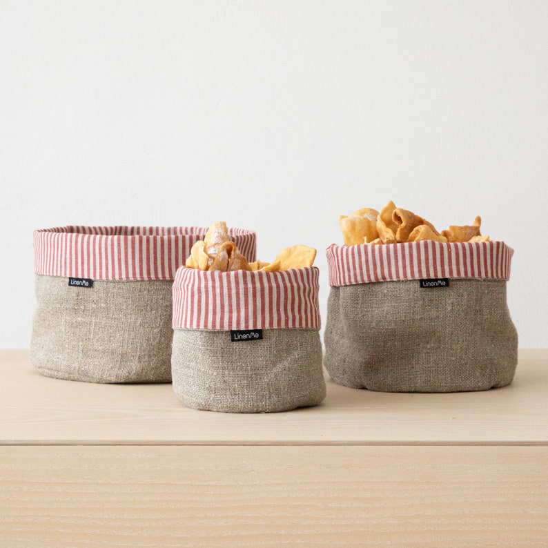 Red Striped Natural linen bread basket, Organic food storage, Plant pot linen bag, Cloth bread basket, Table decor, Linen gift image 1