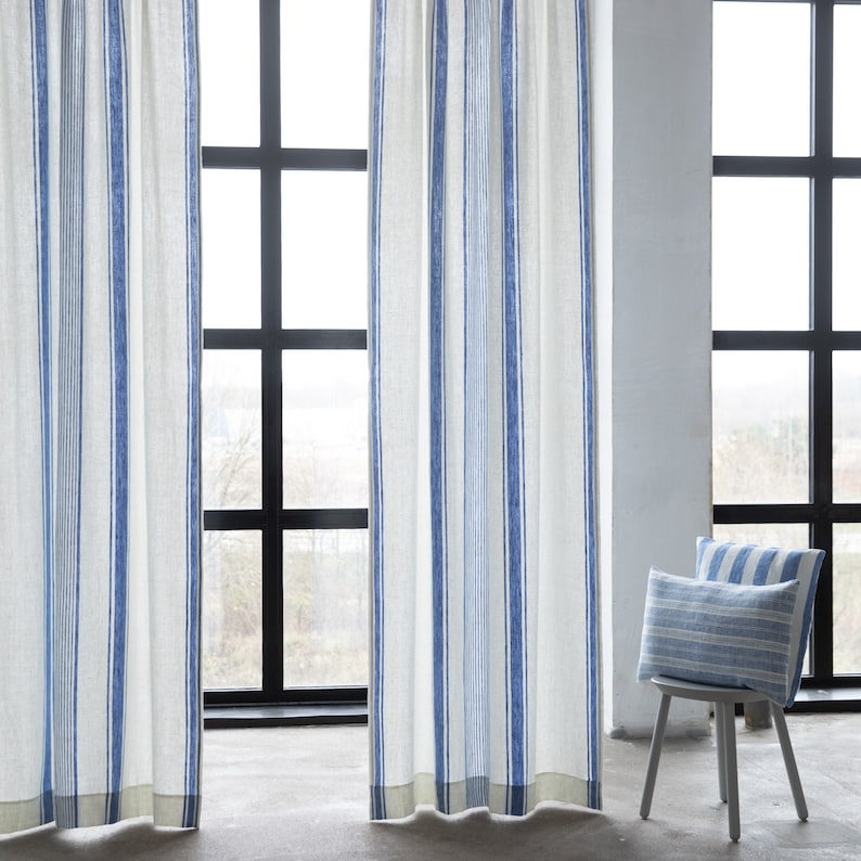 Heavy Linen Rod Pocket Curtain Panel, Washed, White Blue Stripe. Pure European linen. Curtain for window or doors. Custom size available image 1