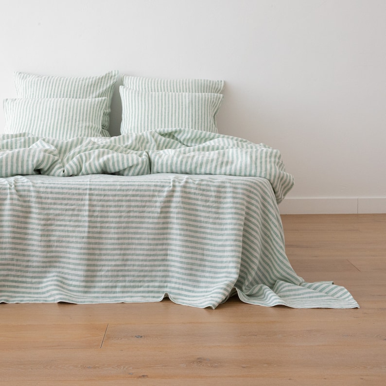 Ticking Striped Linen Flat Sheet in various colors. Queen, Twin, King washed linen bedding. Striped top linen sheet for farmhouse. image 4