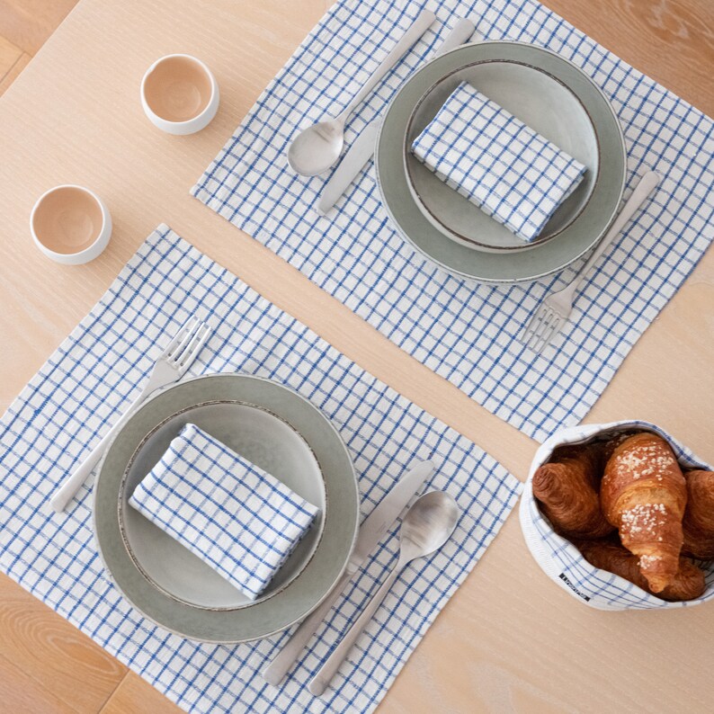 Hand made Graphic Check Washed Linen napkins in Blue White. Plain Weave, Highest quality Linen Napkin any Quantity. Large size Napkins image 2