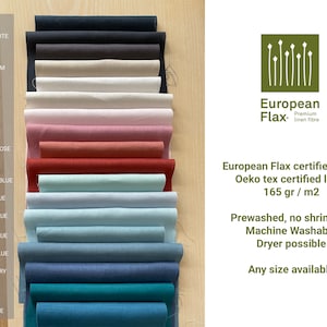 May include: A swatch card of 17 different colors of European Flax certified linen fabric. The colors range from indigo to sea blue. The fabric is prewashed, machine washable, and dryer possible. The fabric is 165 grams per square meter.
