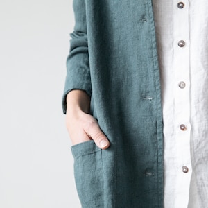Heavy Linen Jacket in Balsam Green. Washed linen jacket for woman with pockets and buttons. European flax certified linen coat for women image 8